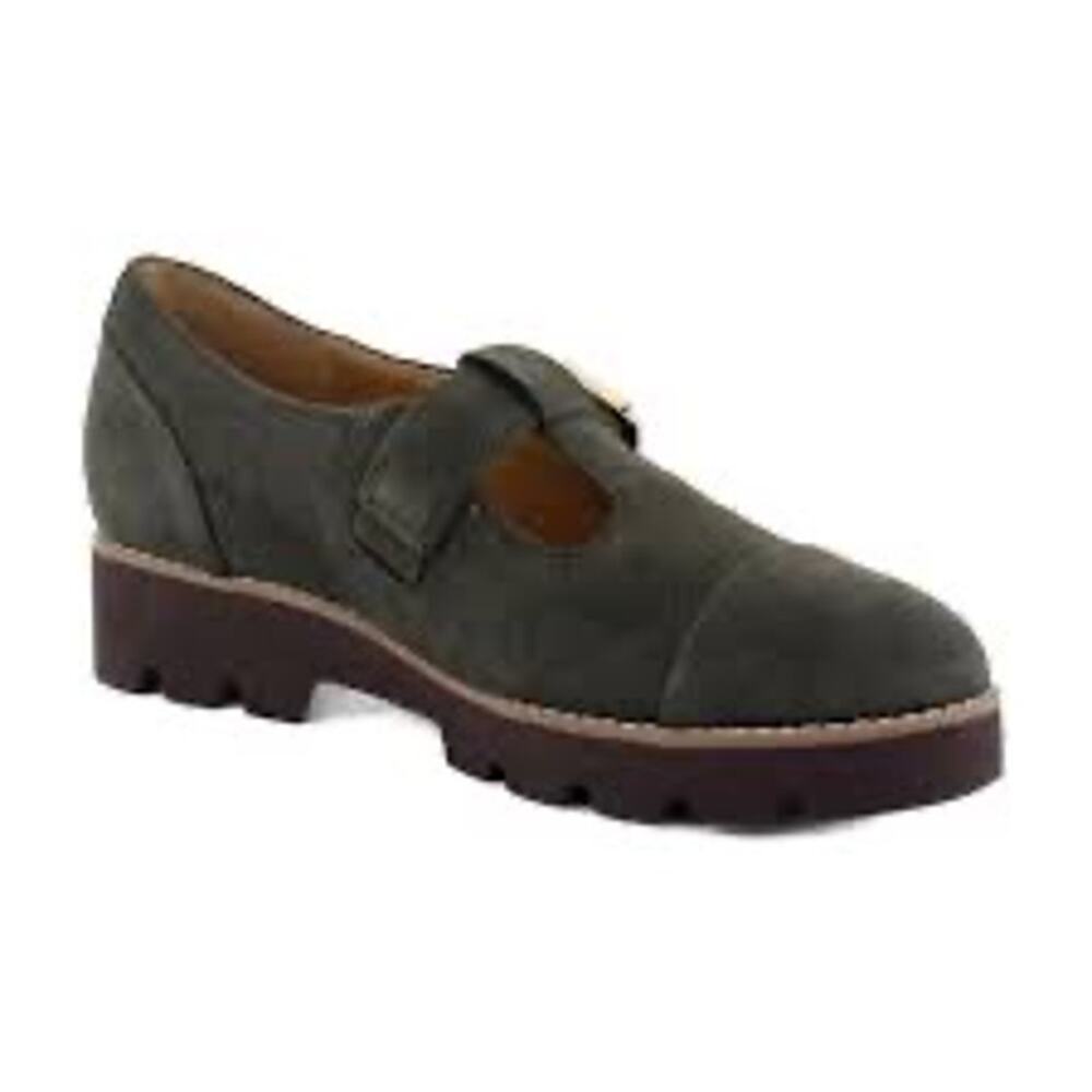 Vionic Dark Olive Green Suede T-Strap Mary Jane Lug Sole Loafer Dark Academia